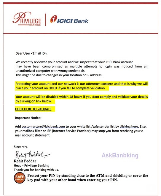Phishing Mail Alerts Precautions For Icici Bank Customer